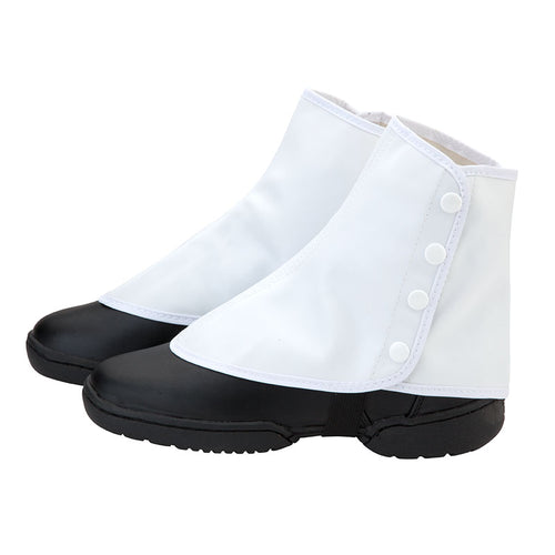 DSI Snap Spats marching band shoe covers in white with snap-button closure, designed to fit over black marching shoes for a clean, uniform appearance, ideal for drum corps, marching band performances, parades, and color guard footwear presentation.
