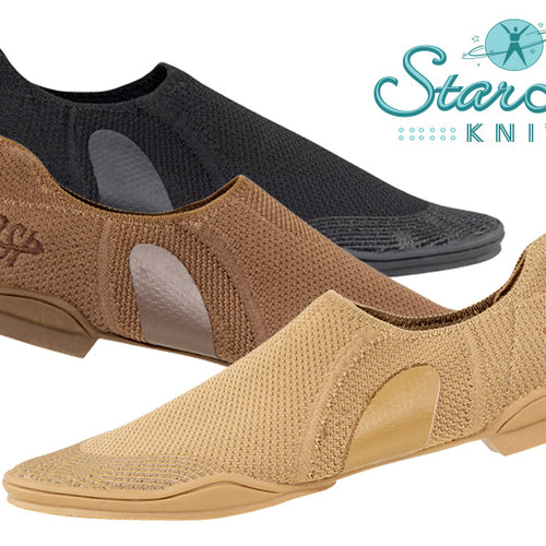 DSI StarLite Knit dance shoes shown in black, brown, and tan colors, featuring a breathable knit upper, slip-on design, flexible low-profile sole, and lightweight construction for enhanced comfort, mobility, and control during jazz dance, rehearsals, and studio performances.