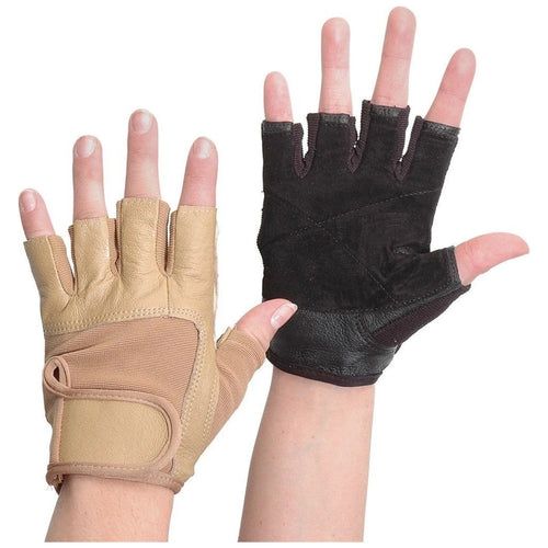StylePlus Talon Fingerless Gloves shown in tan and black color options, featuring fingerless design, reinforced palm padding, adjustable wrist strap, and durable grip material, ideal for marching band, color guard, fitness training, tactical practice, and activities requiring enhanced grip, control, and finger dexterity.