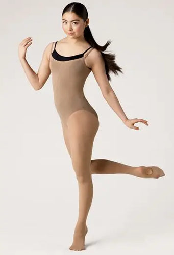 Model wearing a snag-resistant body tight in nude tone, featuring a sleek full-length design with durable stretch fabric, adjustable straps, and smooth fit for dance, rehearsal, and performance wear.