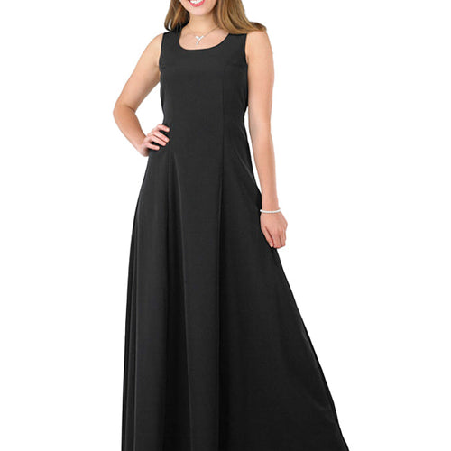 Peyton scoop neck sleeveless black dress featuring a full-length flowing silhouette, sleeveless design, and elegant scoop neckline, ideal for formal events, performances, and choir or evening wear.