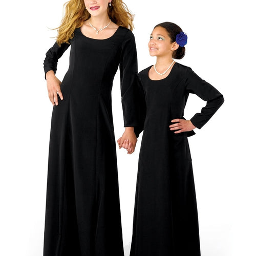 Lillian scoop neck long sleeve dress shown in black, featuring a floor-length silhouette worn by an adult and child model holding hands, highlighting elegant long sleeves, modest neckline, and coordinated formal attire ideal for choir, concert, or performance wear.