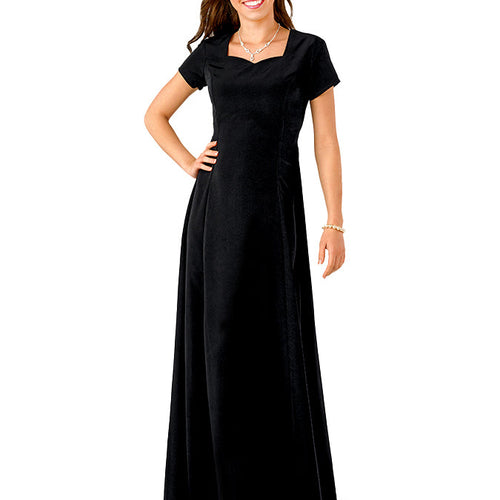 Denise sweetheart neck short sleeve dress in elegant black, featuring a fitted bodice and flowing floor-length skirt, styled for formal events, choir performances, and special occasions.