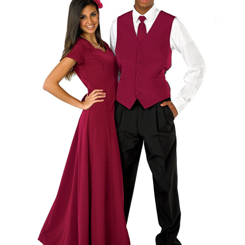 Male and female models wearing coordinated formal attire featuring a Matthew pre-knotted tie and matching burgundy satin vest, styled with a white dress shirt and black trousers for weddings, proms, formal events, and hospitality or performance uniforms.