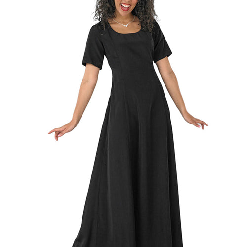 Zelda scoop neck short sleeve dress in black, featuring a flattering fitted bodice and flowing full-length skirt, worn by a model for choir performances, stage events, formal recitals, and elegant group presentations.