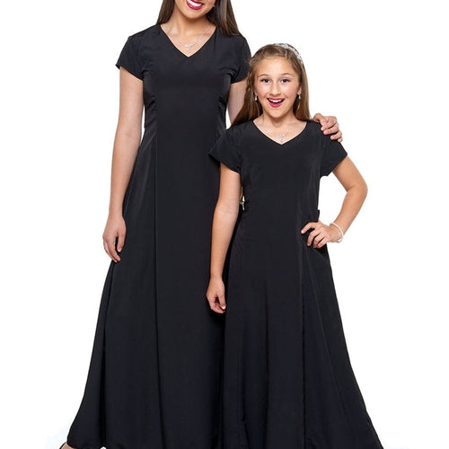 Sabrina V-Neck Cap Sleeve Dress shown on an adult and youth model, featuring a classic black floor-length silhouette with a flattering V-neckline and cap sleeves, ideal for show choir performances, formal events, and coordinated group outfits.