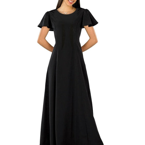 Joyce High Scoop Neck flutter sleeve dress in black, featuring a floor-length silhouette with soft flowing fabric and elegant flutter sleeves, designed for choir, show choir, and formal performance wear.