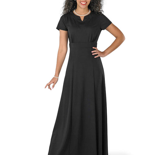 Savannah crew V-notch neck short sleeve dress in black, featuring a fitted waist and flowing full-length skirt, worn by a model on a white background for choir, performance, or formal event wear.