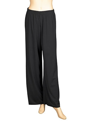 Lizzie black palazzo pants with elastic waistband, featuring a relaxed wide-leg fit designed for comfort and elegant movement, ideal for choir performances, concerts, and formal stage wear.