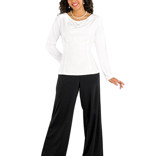 Lizzie black palazzo pants styled with a white long-sleeve top, featuring a flowing wide-leg silhouette and comfortable elastic waistband, ideal for choir performances, concerts, and formal stage ensembles.