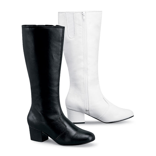 StylePlus Nancy knee-high dance boots shown in black and white, featuring a smooth leather finish, side zipper closure, and sturdy mid-height heel, designed for stage performances, marching bands, and formal dance routines.