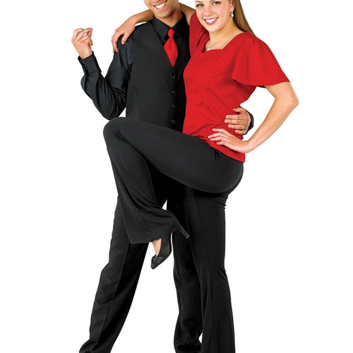 Faith bootleg dance pants worn by female dancer, featuring a sleek black bootcut silhouette with flexible fit, paired for partner dance performance and stage routines.