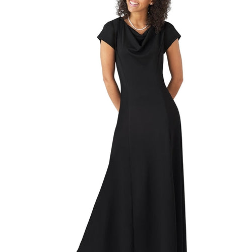 Pippa Cowl Neck Cap Sleeve Dress in black, featuring a flattering draped cowl neckline, cap sleeves, and a floor-length flowing silhouette, modeled on a woman standing against a white studio background.