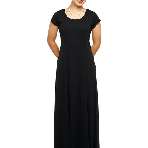 Abigail scoop neckline short sleeve dress in classic black, featuring a fitted bodice and flowing floor-length skirt, worn by a model against a white background; ideal for formal events, show choir performances, concerts, and stage wear.