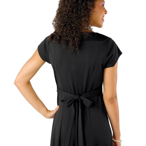 Back view of the Angelina Scoop Neck Short Sleeve Dress in black, showcasing a fitted waist with an adjustable tie-back detail, smooth drape, and short sleeves, designed for formal occasions, choir performances, and elegant stage wear.