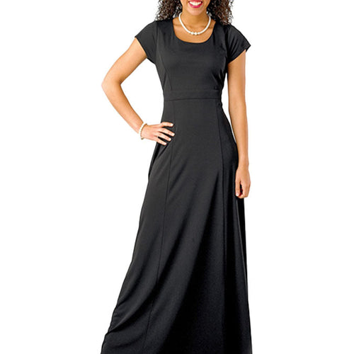 Angelina Scoop Neck Short Sleeve Dress in black, featuring a fitted bodice with a scoop neckline, short sleeves, and a flowing full-length skirt, modeled for formal events, choir performances, and elegant evening wear.
