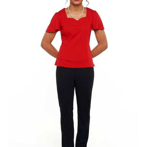 Ellie pull-on straight leg pants in black, worn by a female model paired with a red short-sleeve top, featuring a clean straight-leg fit and comfortable elastic waistband, ideal for choir, dance, and performance wear.