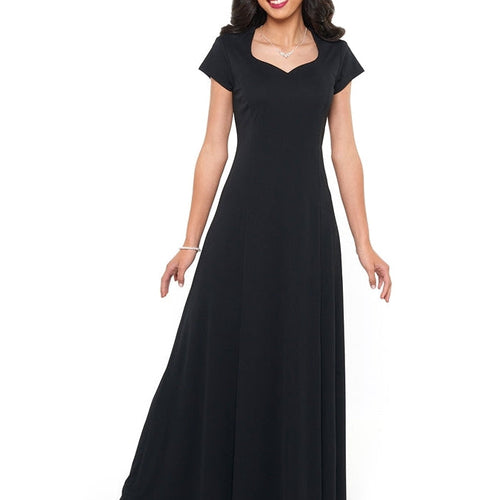 Melissa heart-shaped neckline cap sleeve dress in black, featuring a fitted bodice and flowing floor-length skirt, modeled front view on a woman wearing elegant formal attire suitable for performances, choirs, and special occasions.
