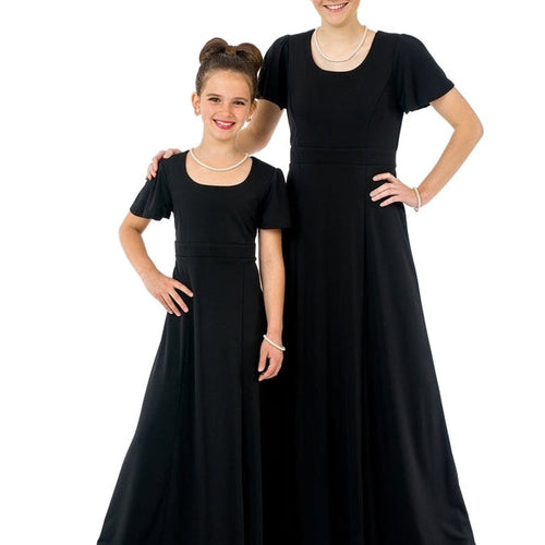Christina Flutter Sleeve Scoop Neckline Dress worn by an adult and child model, featuring a flowing black full-length silhouette with flutter sleeves and a classic scoop neckline, ideal for choir performances, recitals, and formal stage wear.