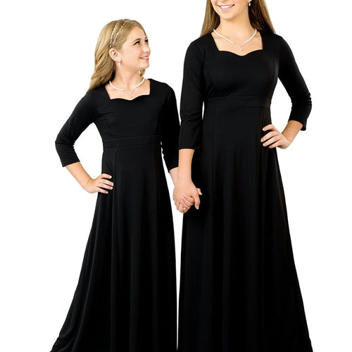 Taylor Sweetheart Neckline 3/4 Sleeve Dress in black, shown on an adult and a child holding hands, featuring a flattering sweetheart neckline, fitted waist, and floor-length silhouette, ideal for formal events, performances, and coordinated mother-daughter outfits.