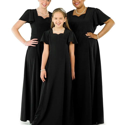 Kimberly Sweetheart Neck Flutter Sleeve Dress worn by a girl and two women in matching black formal dresses, featuring a sweetheart neckline, flutter sleeves, and floor-length silhouette, ideal for choir performances, formal events, and coordinated group attire.