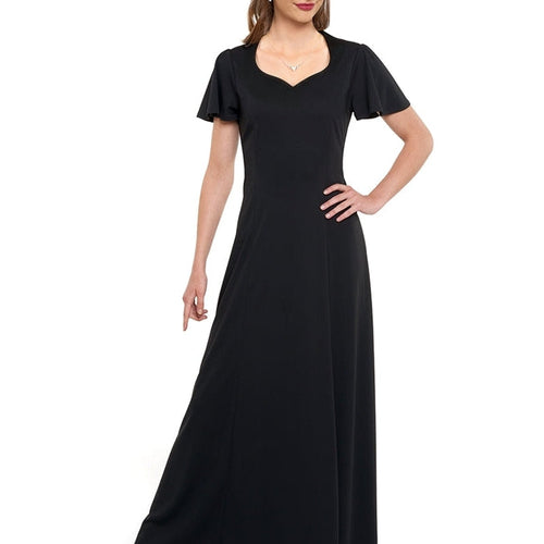 Clara heart-shaped neckline flutter sleeve dress in black, featuring a flowing full-length silhouette and elegant fitted waist, worn by a model to showcase a classic performance and formal stage dress design.