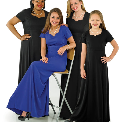 Chloe sweetheart neck short sleeve youth dress shown on a group of women and a girl, featuring matching formal choir and performance dresses in black and royal blue, designed for youth and adult ensembles, concerts, recitals, and stage performances.