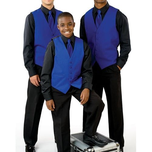 Matthew Full Back Vest worn by adult men and a boy in coordinated royal blue formal vests with black dress shirts and matching ties, showcasing a complete formalwear look ideal for weddings, show choir performances, proms, and group events.