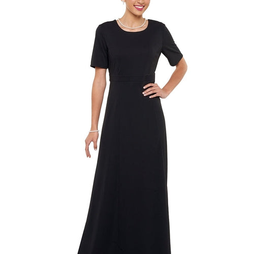 Ophelia High Scoop Neck Short Sleeve Dress featuring a classic floor-length black silhouette with a fitted waist and short sleeves, modeled by a woman wearing a formal choir and performance dress designed for concerts, recitals, and stage events.