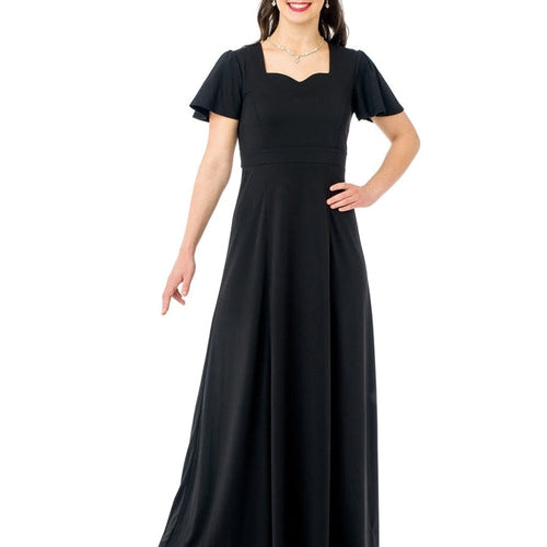 Joanna sweetheart neck flutter sleeve dress featuring a fitted bodice and flowing floor-length skirt, shown in black, ideal for formal events, choir performances, and elegant stage appearances.