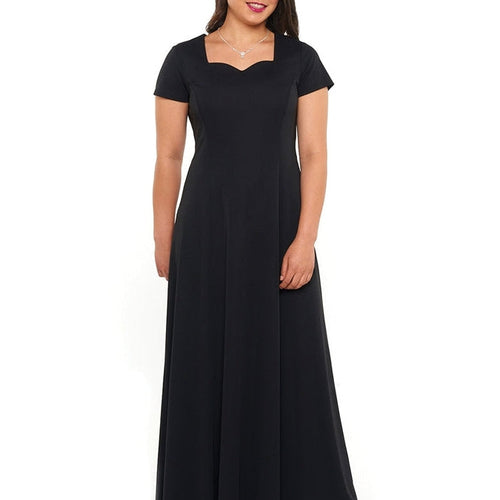 Hayley Sweetheart Neck Short Sleeve Dress in black, featuring a floor-length A-line silhouette with a fitted bodice and elegant sweetheart neckline, modeled front view for formal wear, choir performances, and special occasions.