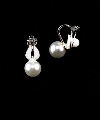 Strung pearl clip-on earrings featuring classic white round pearls with secure clip-on backs, ideal for formal wear, choir and concert performances, recitals, weddings, and elegant stage attire.