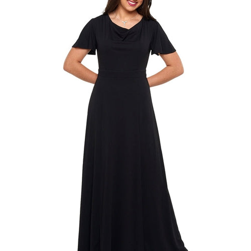 Remi cowl neck flutter sleeve dress in black, featuring a soft draped neckline, fitted waist, and flowing full-length skirt, modeled for formal events, choir performances, and elegant occasions.