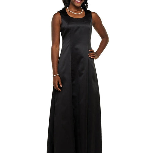 Penelope scoop neck sleeveless satin dress in black, featuring a floor-length silhouette with a fitted bodice and smooth satin finish, ideal for formal events, choir performances, and elegant stage wear.