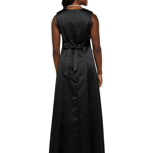 Penelope scoop neck sleeveless satin dress in black, back view showcasing a floor-length silhouette with a fitted waist, adjustable satin tie-back detail, and smooth elegant finish, ideal for formal occasions, choir performances, and stage wear.