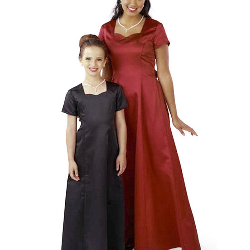Sarah Sweetheart Neck Short Sleeve Satin Dress shown on an adult and child model, featuring a floor-length satin silhouette with a sweetheart neckline and short sleeves, ideal for formal events, recitals, and coordinated performance attire.