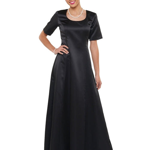 Zoey scoop neck short sleeve dress in black, featuring a fitted bodice and flowing full-length skirt, modeled for an elegant formal look ideal for choir performances, recitals, and special occasions.