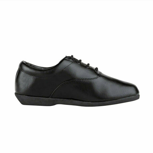 StylePlus Pinnacle marching shoe in black, featuring a low-profile lace-up design, smooth leather upper, lightweight construction, and flexible sole engineered for marching band, drum corps, and performance ensembles requiring precision movement and a clean, uniform appearance.