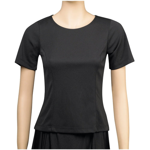 Melony scoop neck short sleeve blouse in black on mannequin, featuring a classic scoop neckline, short sleeves, and a smooth tailored fit, suitable for women’s professional uniforms, office wear, or formal styling.
