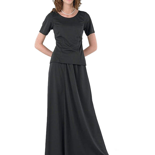 Front view of the Melony scoop neck short sleeve blouse in black, featuring a classic scoop neckline, short sleeves, and a flattering tailored fit, styled with a flowing skirt for women’s professional, formal, or uniform wear.