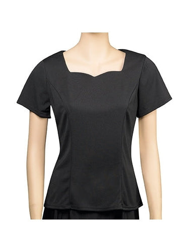 Daphne sweetheart neck short sleeve blouse in black, featuring a fitted silhouette and elegant neckline, ideal for formal wear, office uniforms, or classic women’s styling.