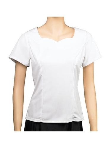 Daphne sweetheart neck short sleeve blouse in white, featuring a tailored fit and elegant sweetheart neckline, suitable for office wear, formal uniforms, and classic women’s fashion styling.