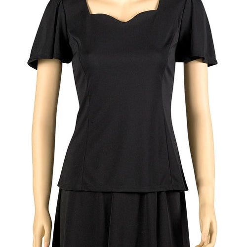Amelia sweetheart neck flutter sleeve blouse in black on mannequin, featuring a feminine sweetheart neckline, soft flutter short sleeves, and a tailored silhouette, ideal for women’s professional uniforms, formal occasions, or elegant office wear.