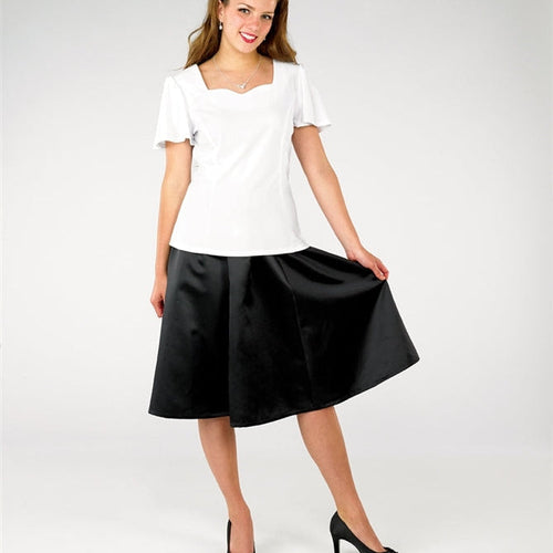 Amelia sweetheart neck flutter sleeve blouse in white worn by model, featuring a flattering sweetheart neckline, soft flutter short sleeves, and a tailored fit, styled with a black skirt for elegant women’s formal, office, or uniform wear.