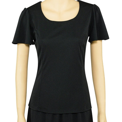Gwen scoop neck flutter sleeve blouse in black, featuring a classic scoop neckline, soft flutter sleeves, and a tailored fit, ideal for professional uniforms, office wear, or elegant women’s formal styling.