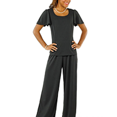 Full-length view of model wearing Gwen scoop neck flutter sleeve blouse in black, paired with wide-leg black pants, showcasing soft flutter sleeves and a flattering tailored fit, suitable for professional uniforms, office wear, or performance attire.