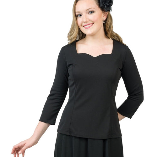 Kaylee sweetheart neck 3/4 sleeve blouse in black, featuring a flattering sweetheart neckline, three-quarter sleeves, and a tailored feminine fit, ideal for women’s professional uniforms, formal events, or elegant office wear.