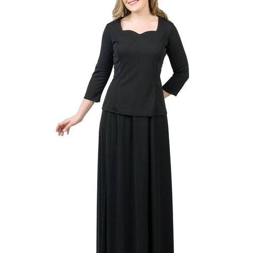 Full-length front view of the Kaylee sweetheart neck 3/4 sleeve blouse in black, showcasing a graceful sweetheart neckline, three-quarter sleeves, and a tailored silhouette, styled with a flowing skirt for elegant women’s formal, event, or professional wear.