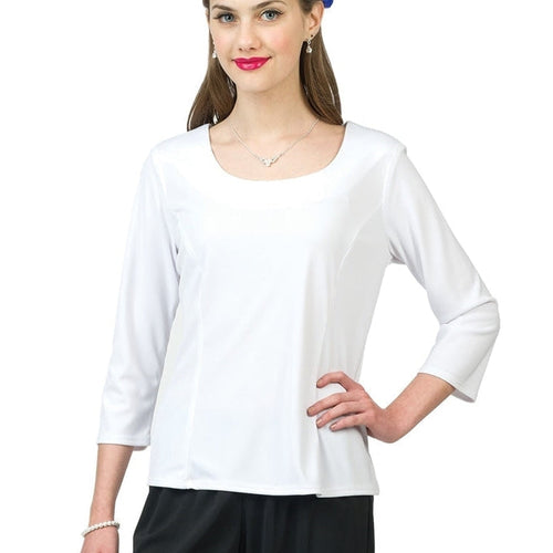 Carrie scoop neck 3/4 sleeve blouse for women in white, featuring a soft rounded neckline, flattering tailored silhouette, and lightweight fabric, ideal for formal wear, dance performances, or elegant everyday styling.