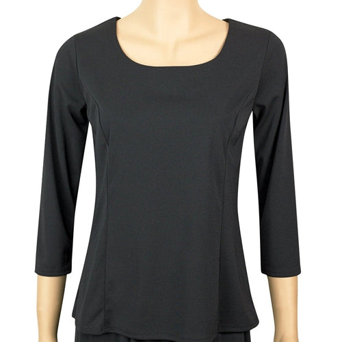 Carrie scoop neck 3/4 sleeve blouse for women in black, featuring a classic rounded neckline, tailored fit, and clean minimalist design, ideal for formal wear, performances, or elegant everyday styling.